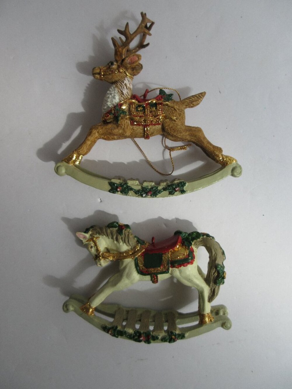 Rocking Horse & Reindeer Christmas Ornaments Resin Glitter Thailand Vintage